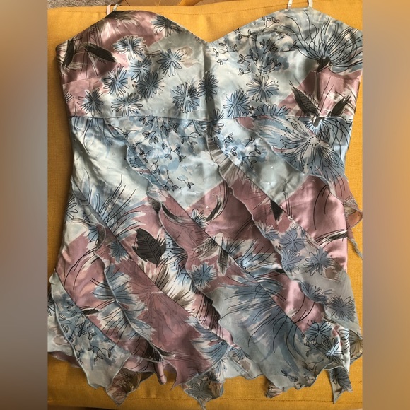 Gorgeous satin party floral tank top with ruffles and sparkle beads. - Picture 1 of 5